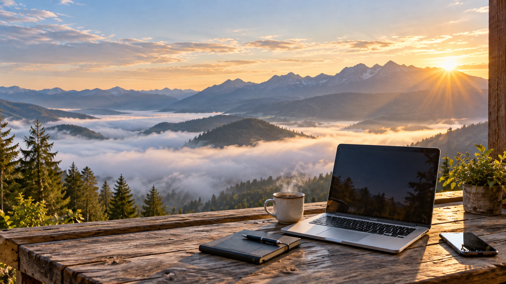 Laptop overlooking a mountain landscape from a remote workspace